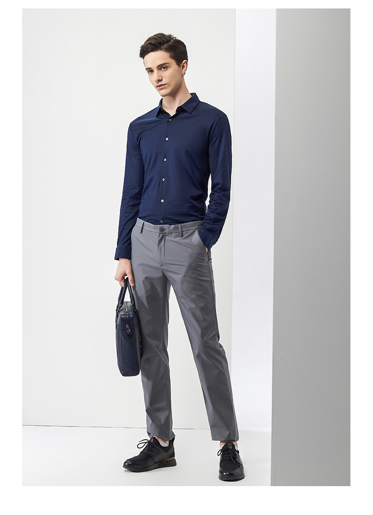 迪柯尼dikeni春秋舒适桑蚕丝翻领条纹商务休闲男士长袖衬衫蓝条52