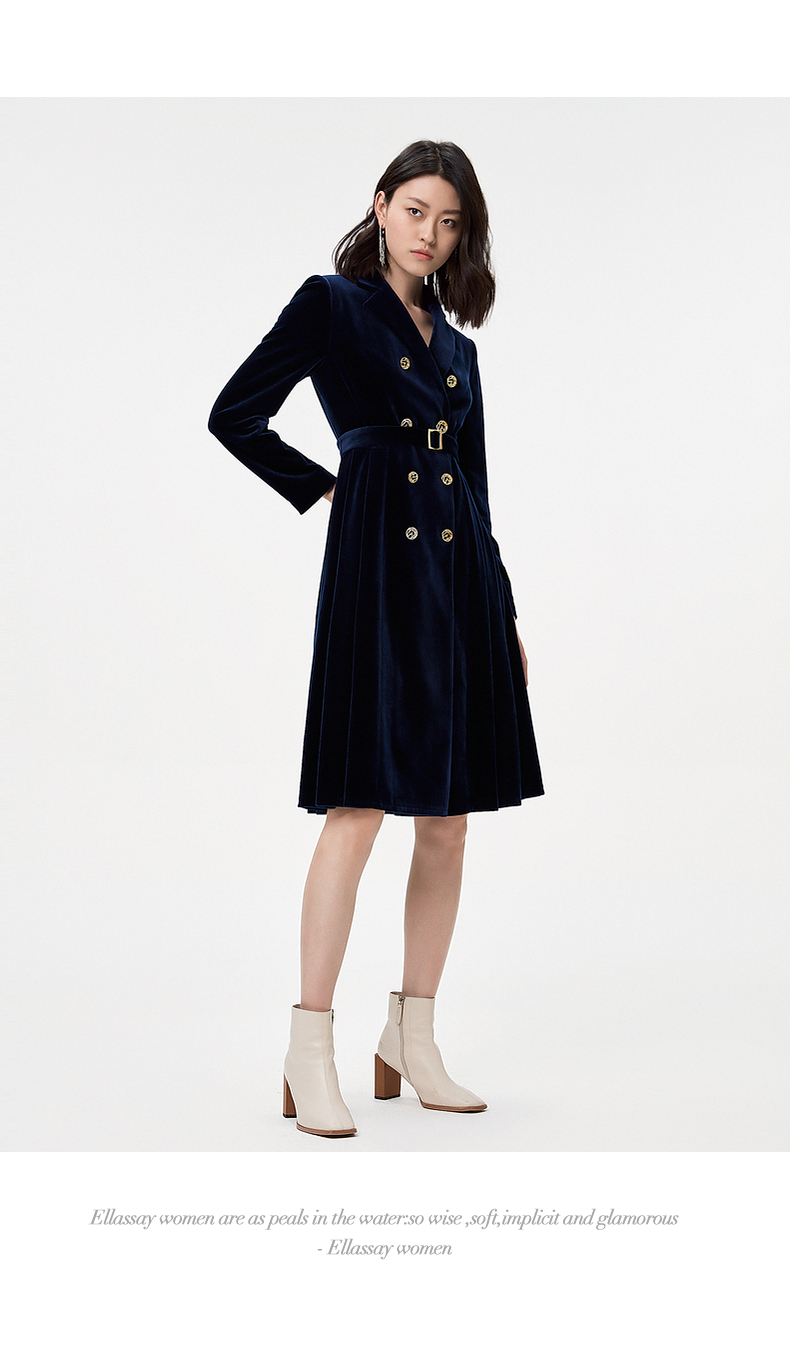 ellassay歌力思风衣女中长款2021秋冬新款金丝绒面料双排扣收腰显瘦