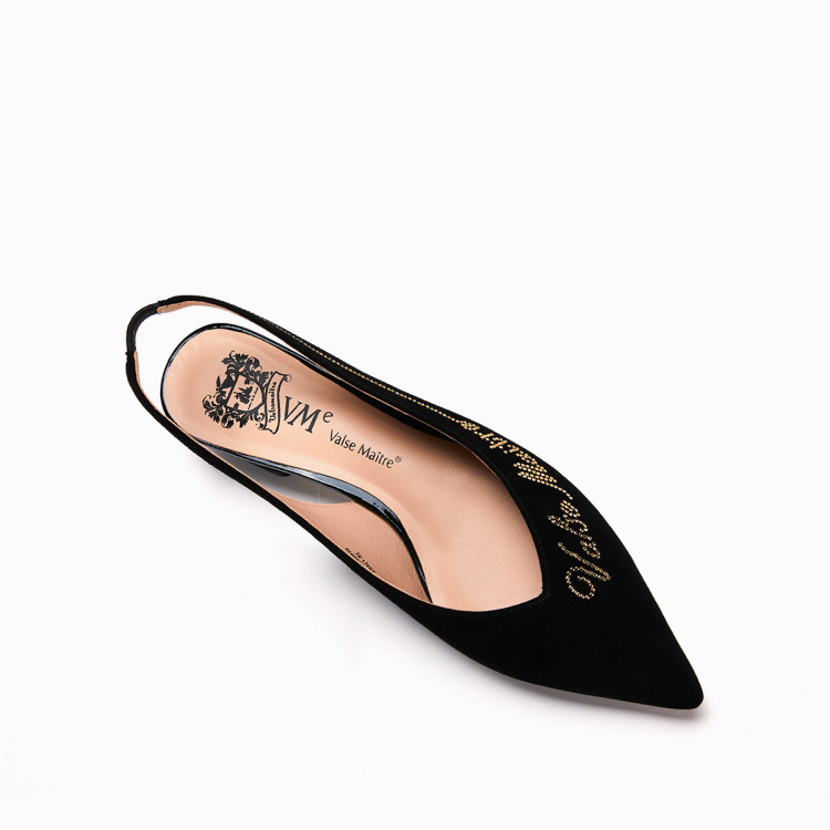 vme vme舞魅女鞋尖头浅口品牌字样华丽水钻中跟单鞋女 黑色 36