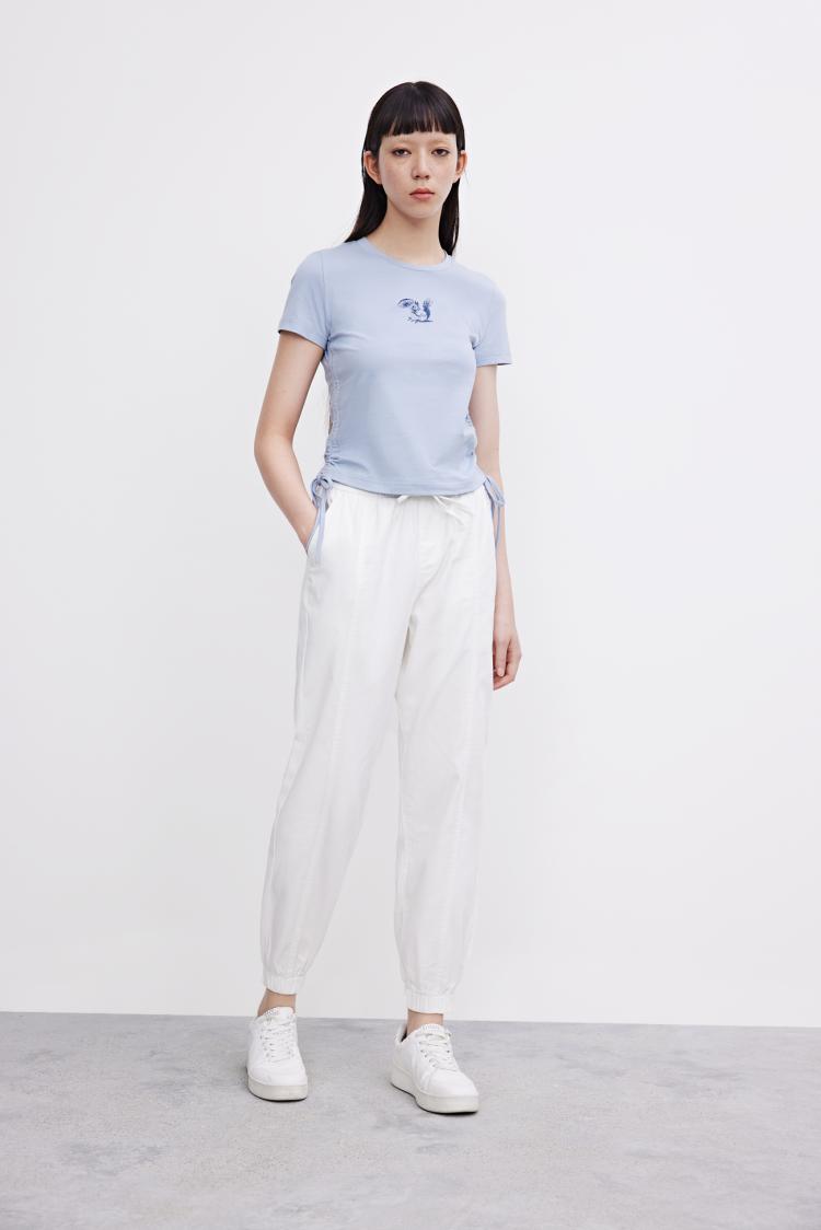 女装 t恤 urban revivo urban revivo urins紧身抽绳系带印花短袖t恤