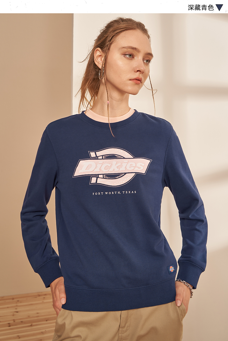 dickies卫衣 logo印花舒适圆领卫衣 女士21秋季棉毛圈布上衣 卫衣女