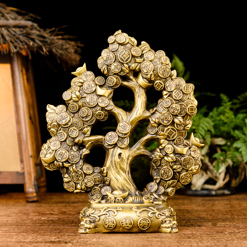 铜一家黄铜摇钱树摆件 创意家居装饰品客厅办公室电视柜小摆件 青铜色