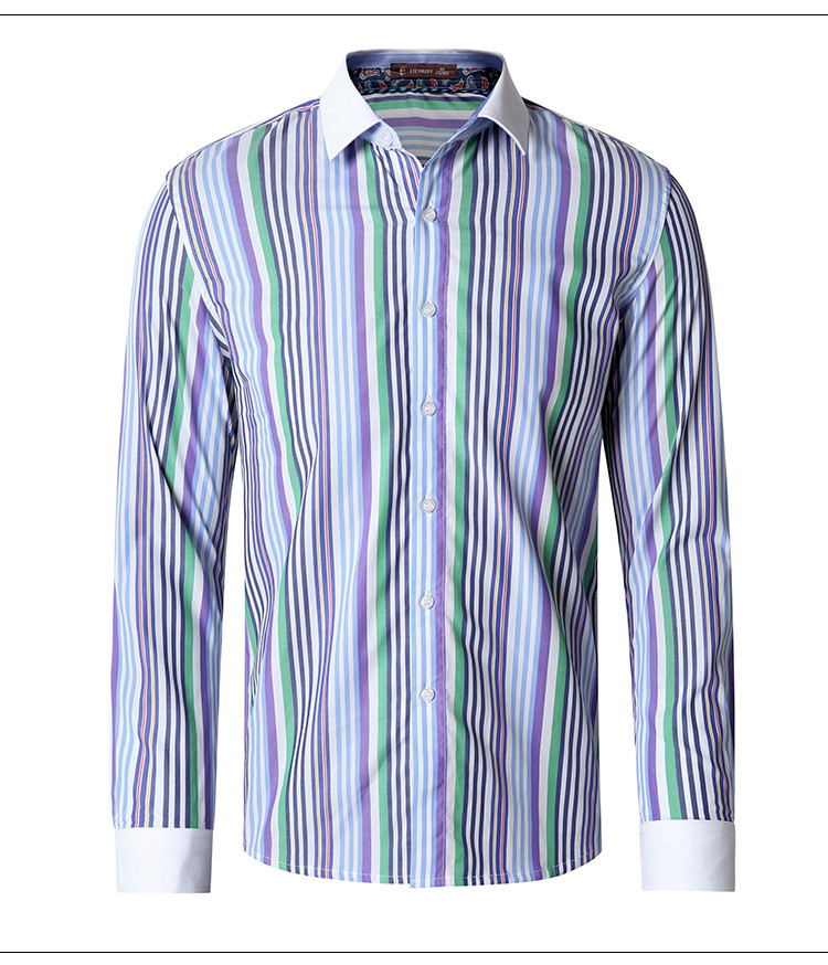 莱恩雷迪lienridy 纯棉青春活力彩条时尚休闲长袖男式衬衫 紫条 46