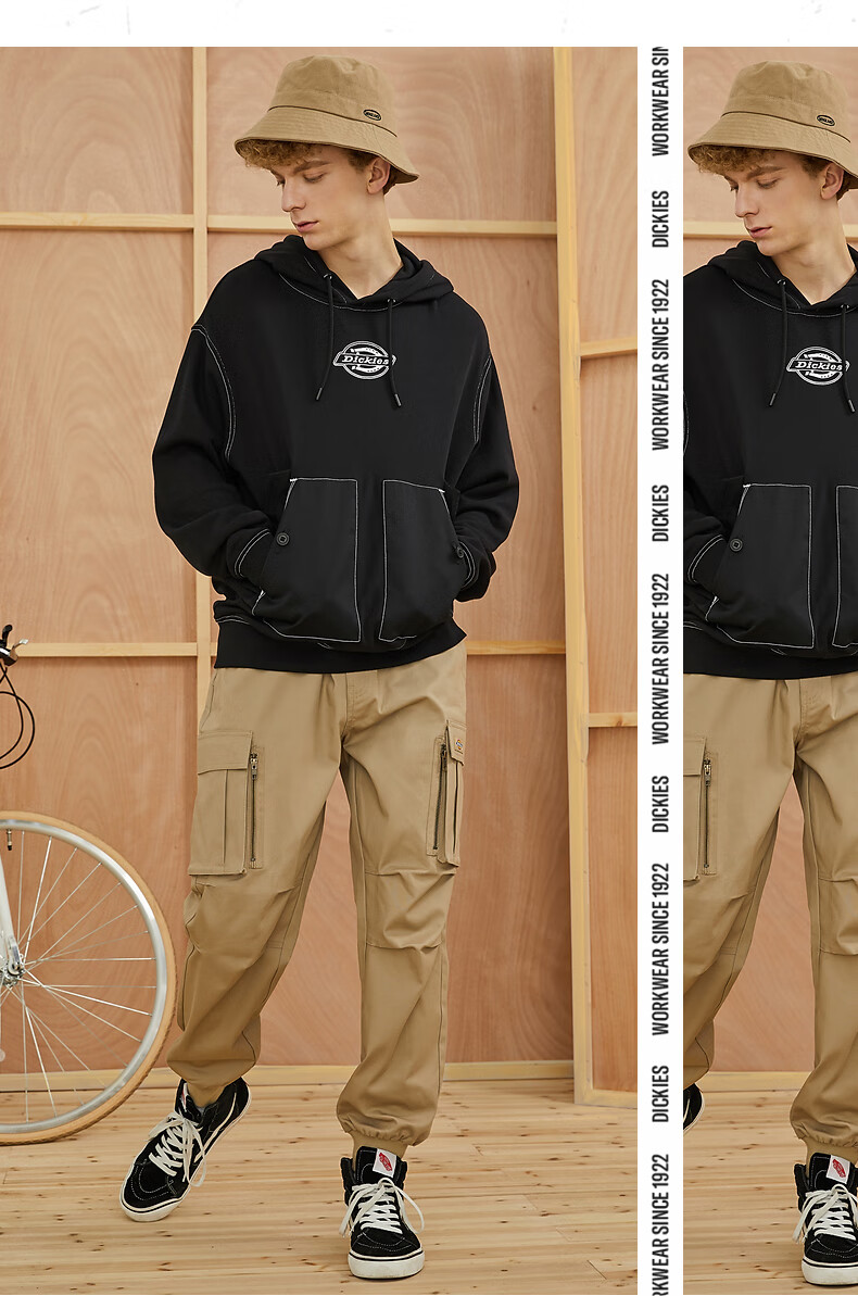 绣花口袋设计连帽套头上衣男士春夏季休闲长袖卫衣男dk009447黑色l