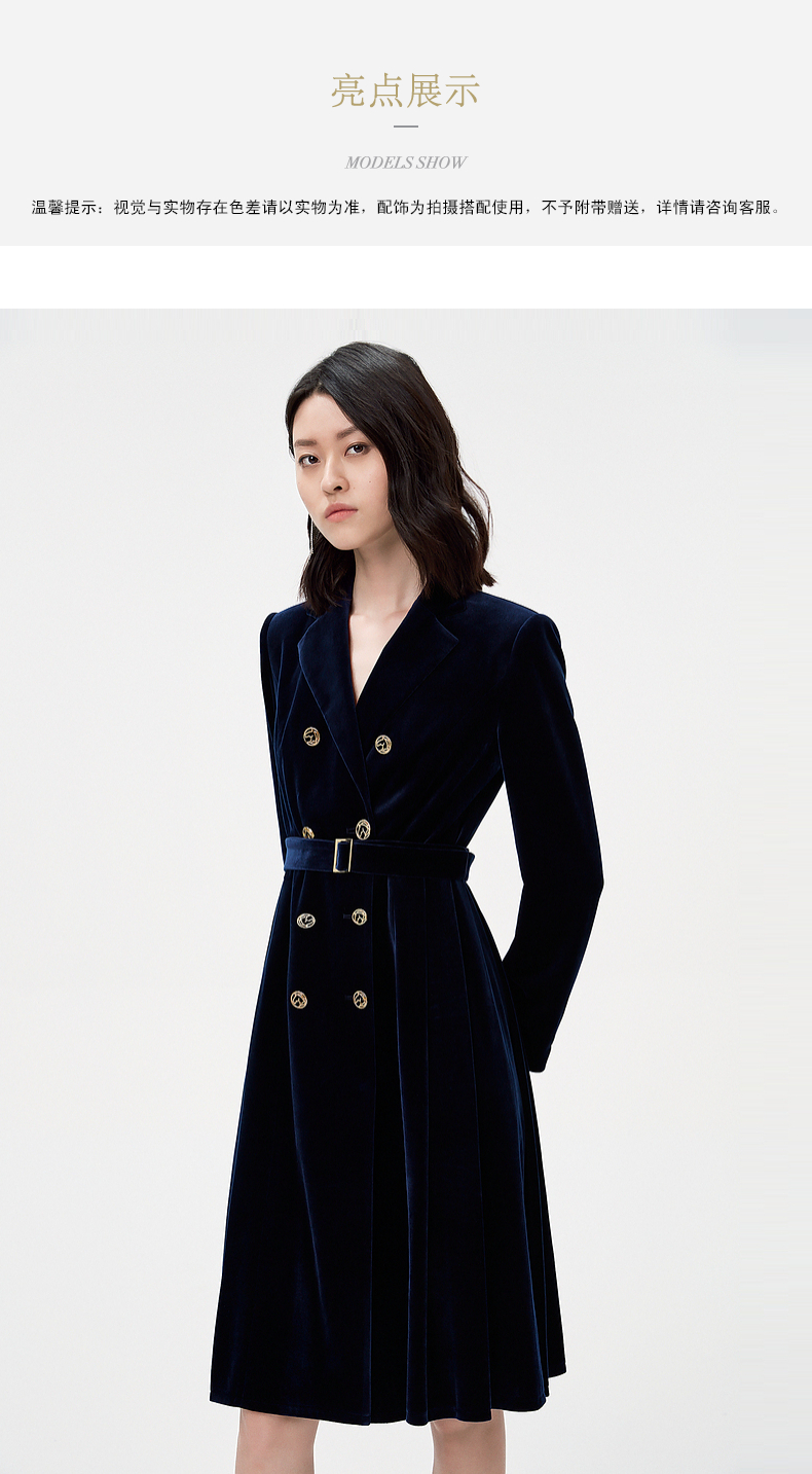 ellassay歌力思风衣女中长款2021秋冬新款金丝绒面料双排扣收腰显瘦