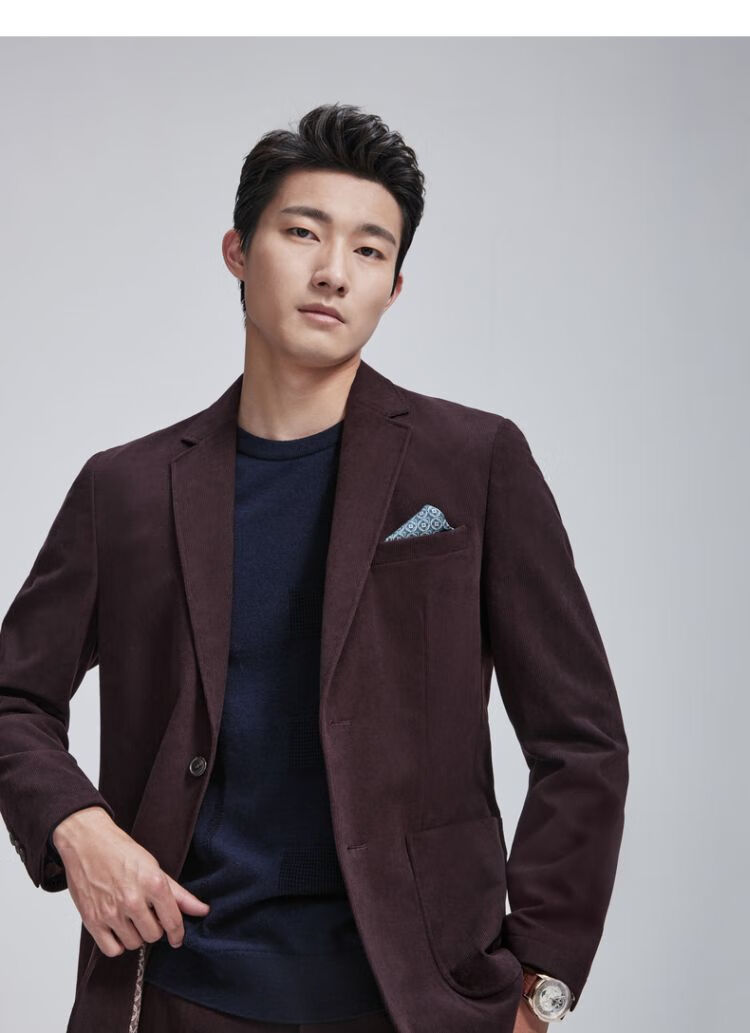 goldlion 【灯芯绒】22年秋冬竖条纹肌理平驳领修身商务休闲男士西装