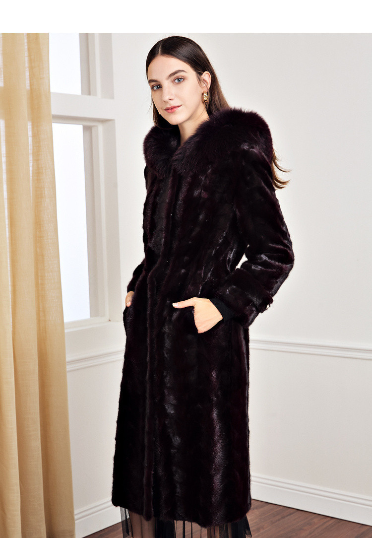 娜尔思naersi 冬装过膝长款连帽裘皮收腰显瘦保暖水貂皮草 暗红色 2xl