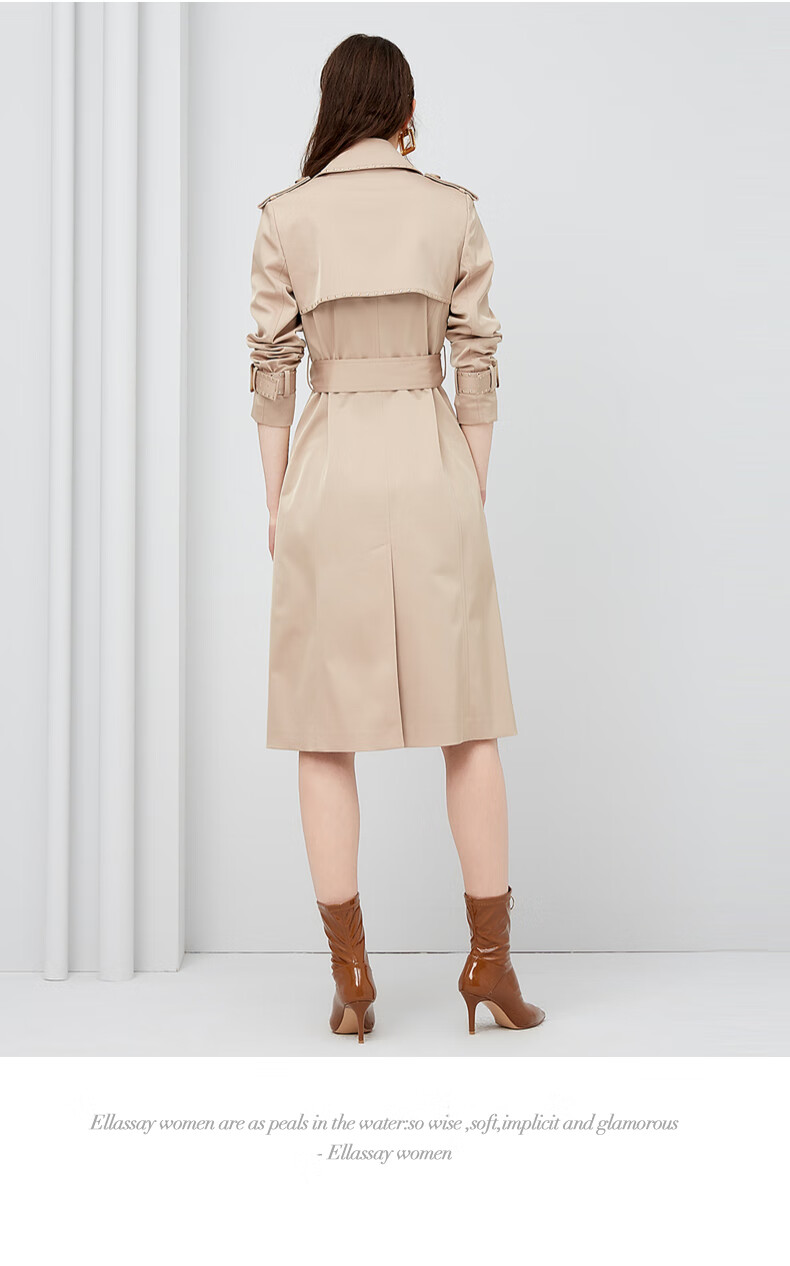 歌力思2021秋季新款铆钉装饰斜纹三醋酸面料经典风衣外套女 浅咖色 s