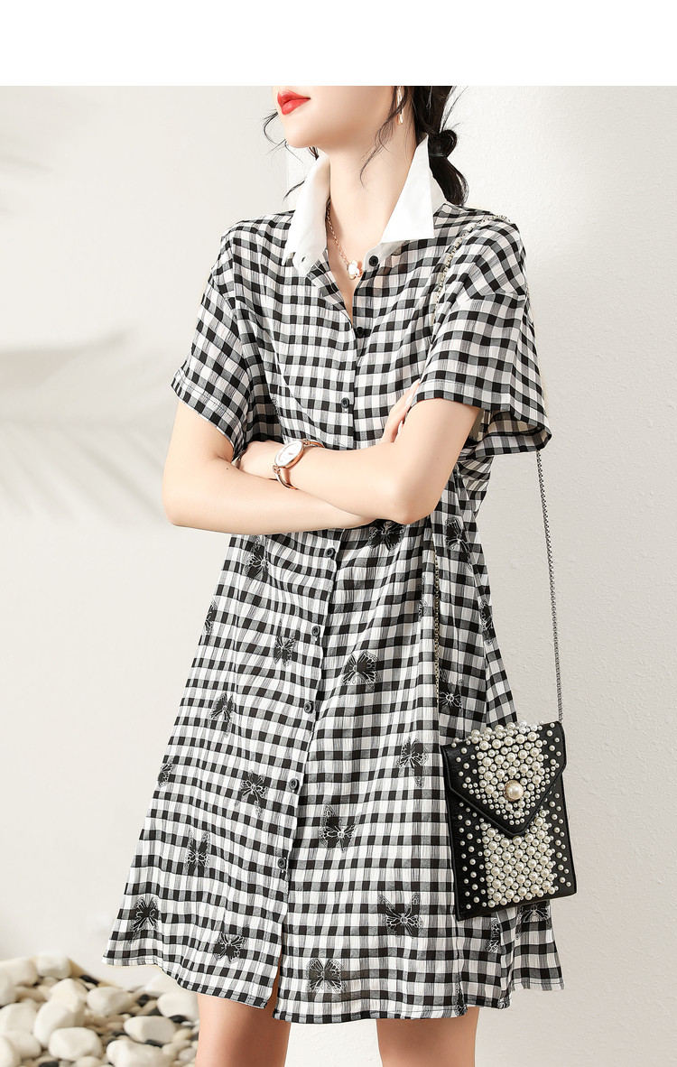 慕诗涵 时尚撞色衬衫裙印花格子休闲大码女装连衣裙2021新款女 黑格