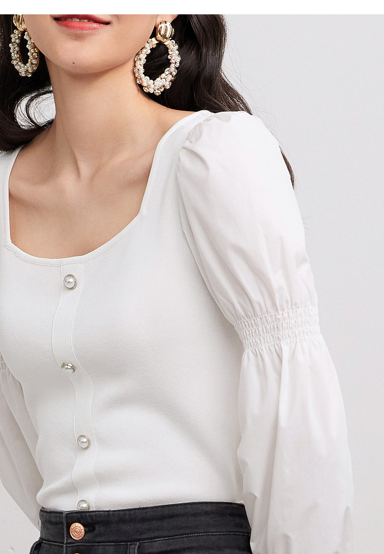 红袖hopeshow 2021春夏新款女装气质方领拼接藕节袖珍珠单排扣翻领