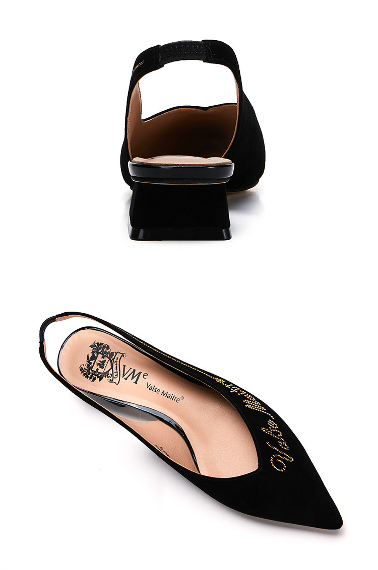 vme vme舞魅女鞋尖头浅口品牌字样华丽水钻中跟单鞋女 黑色 36