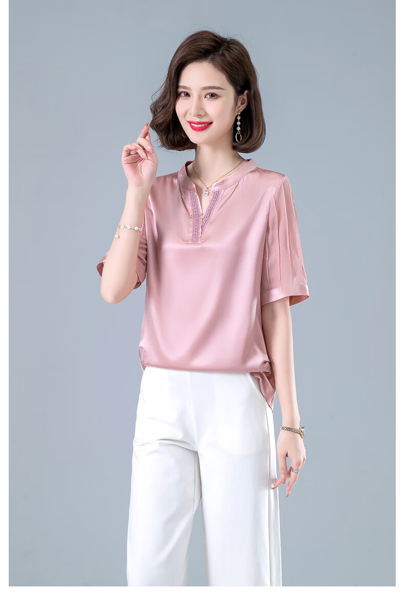 装夏装真丝短袖衬衫上衣夏季中年妇女桑蚕丝中老年人女装香云纱套装