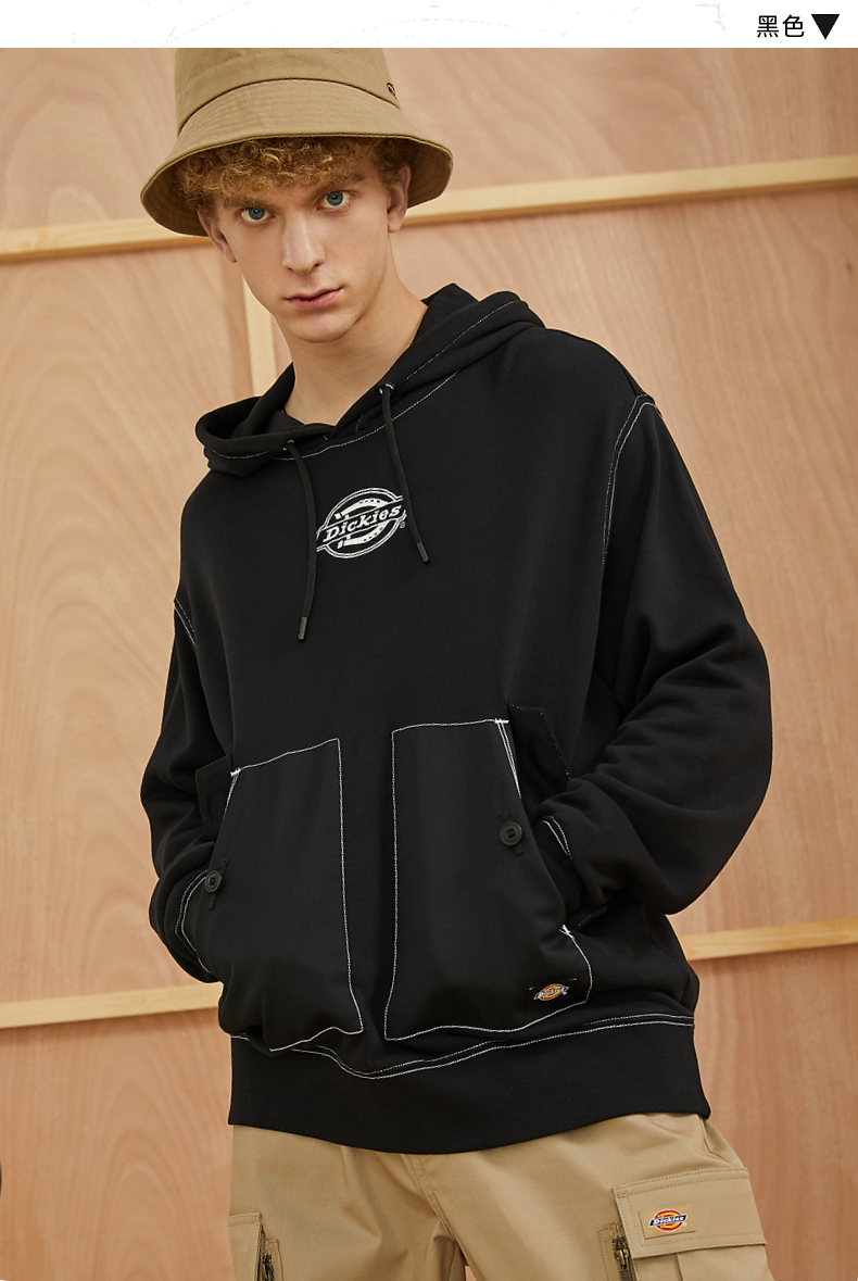 绣花口袋设计连帽套头上衣男士春夏季休闲长袖卫衣男dk009447黑色l