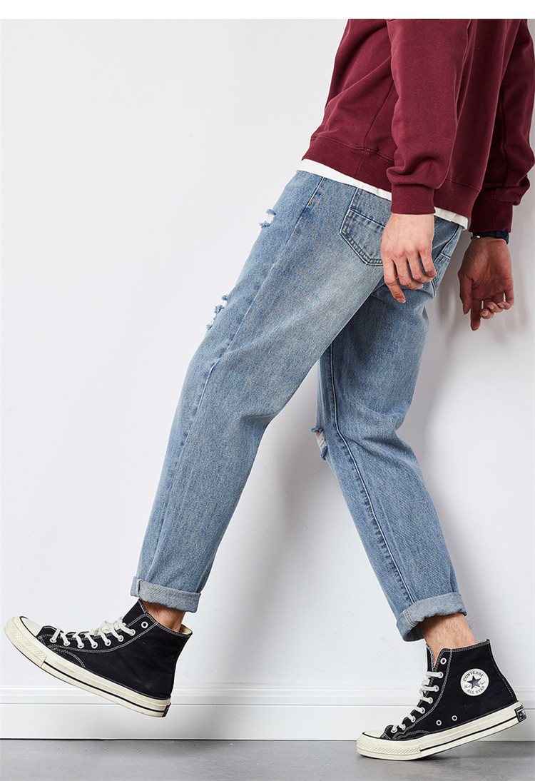 唐狮tonlion 男裤男士牛仔裤男基本锥形小直筒破洞牛仔长裤直筒裤宽松