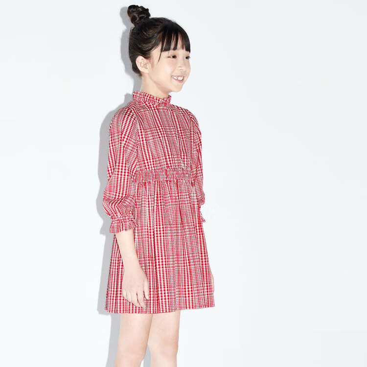 秋款女童拉夫领格子裙复古泡泡纱长袖连衣裙moco童装 红白格 150/68