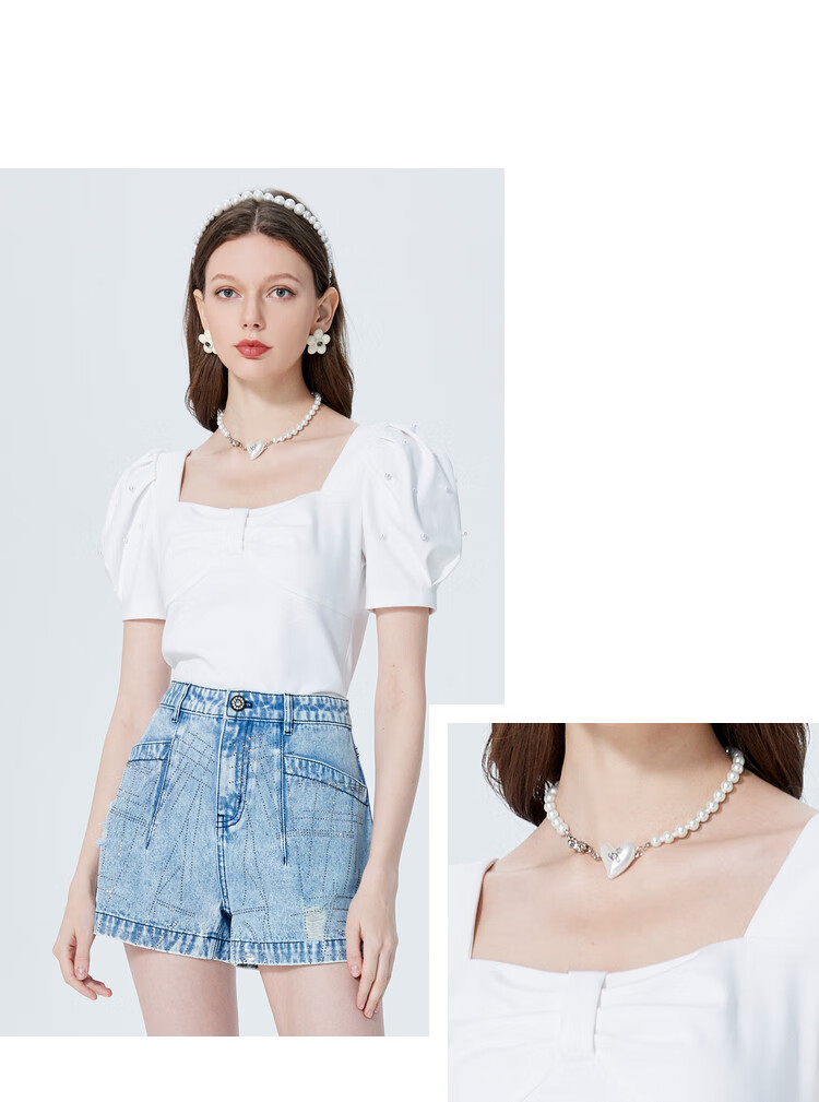 欣贺艾薇aivei 2022夏新时尚方领钉珠泡泡袖褶皱衬衫上衣 拿破里黄 s