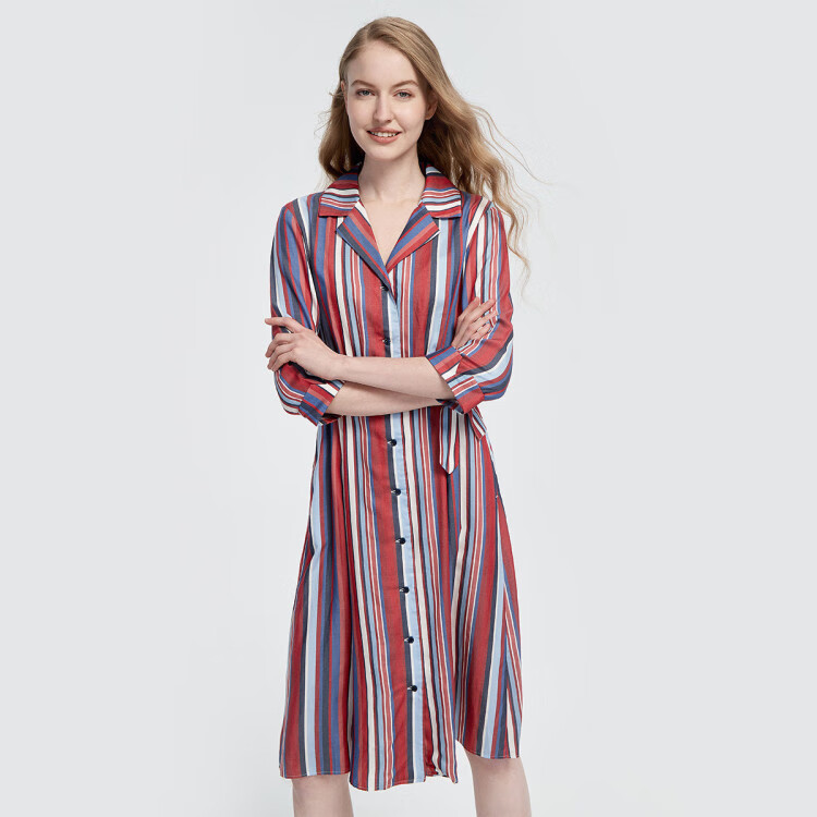 暇步士hushpuppies竖条收腰女式连衣裙192深红s