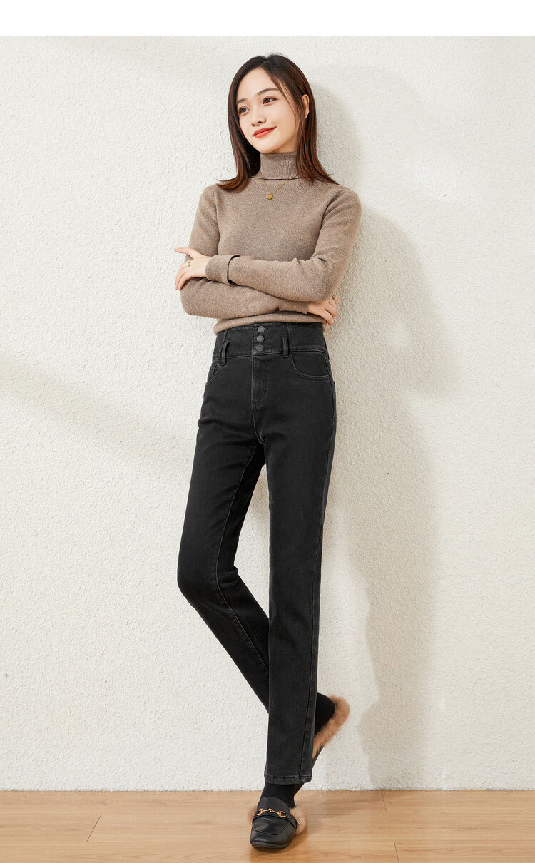 逸阳ese-y 保暖加绒牛仔裤女冬季新款加厚烟管裤女宽松高腰直筒裤女