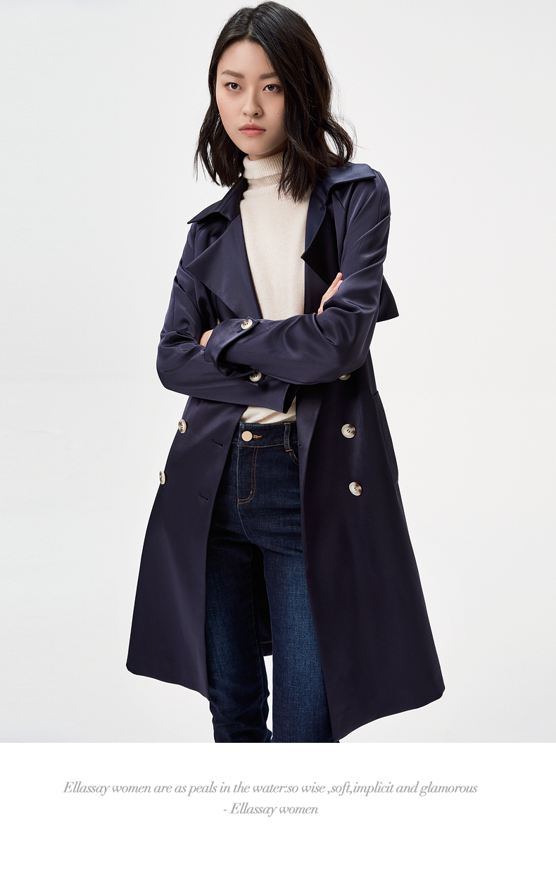 ellassay歌力思风衣女中长款2021秋季新款廓形双排扣收腰显瘦三醋酸