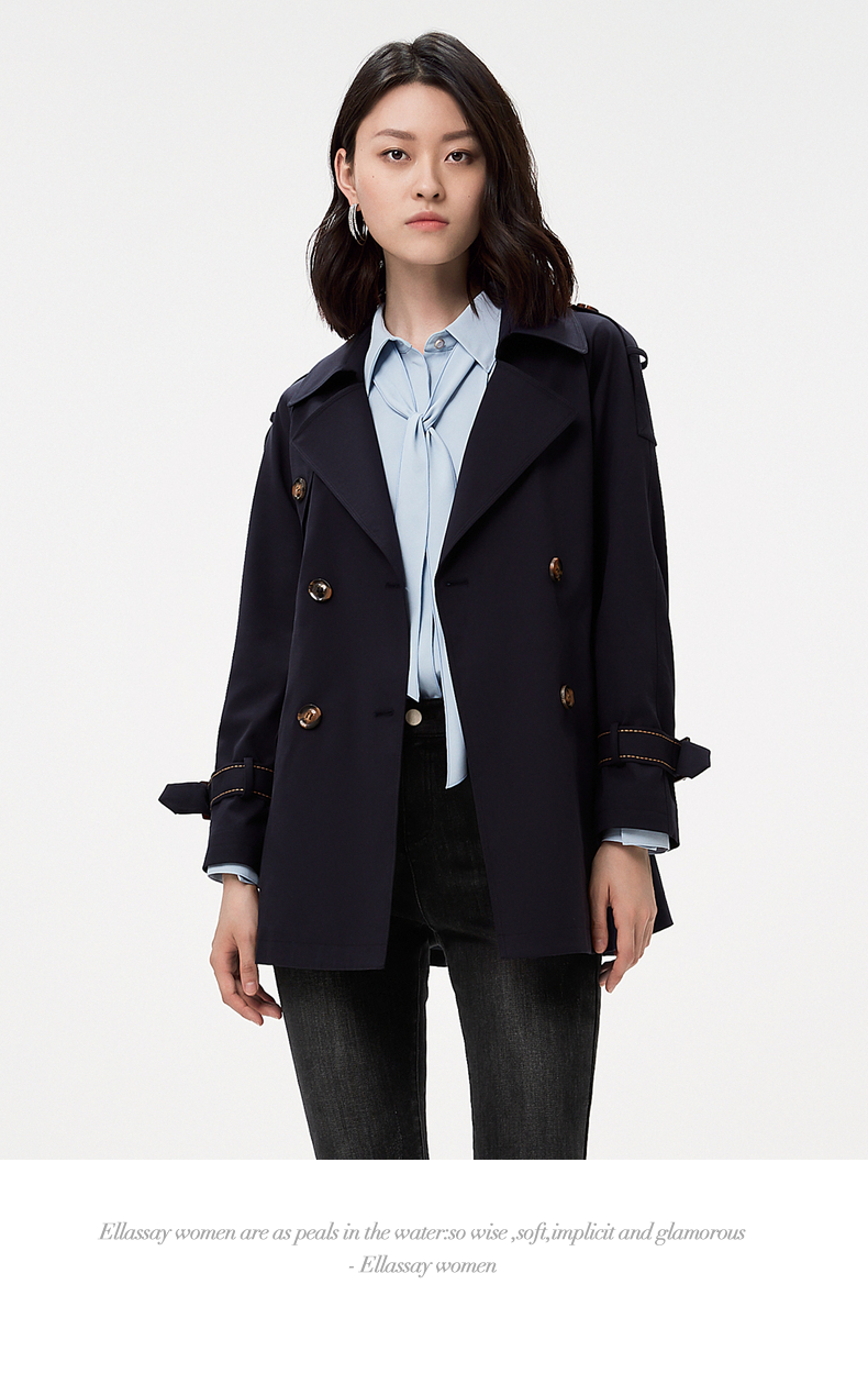 ellassay歌力思2021秋季新款交叉翻领修身显瘦短款风衣外套女藏蓝色xs