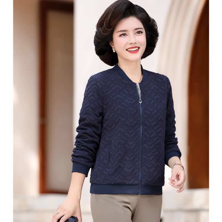 茜韵婡秋季2021中老年女装休闲棒球领夹克百搭提花妈妈装外套藏青色