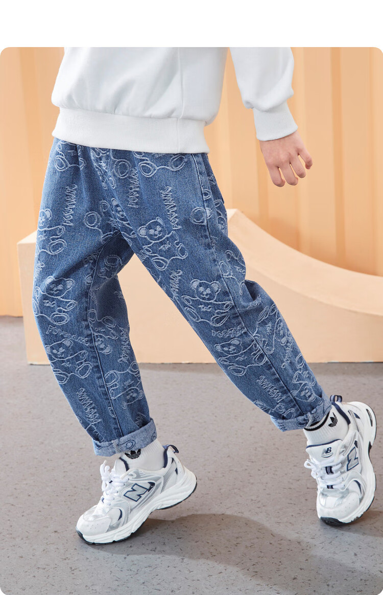 一贝皇城ebaer 男童印花牛仔裤2021秋季新款中大童儿童韩版裤子长裤