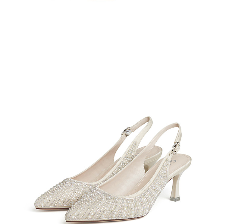 卓诗尼josiny 高跟鞋女2021秋季新款后空凉鞋尖头细跟珍珠水钻气质