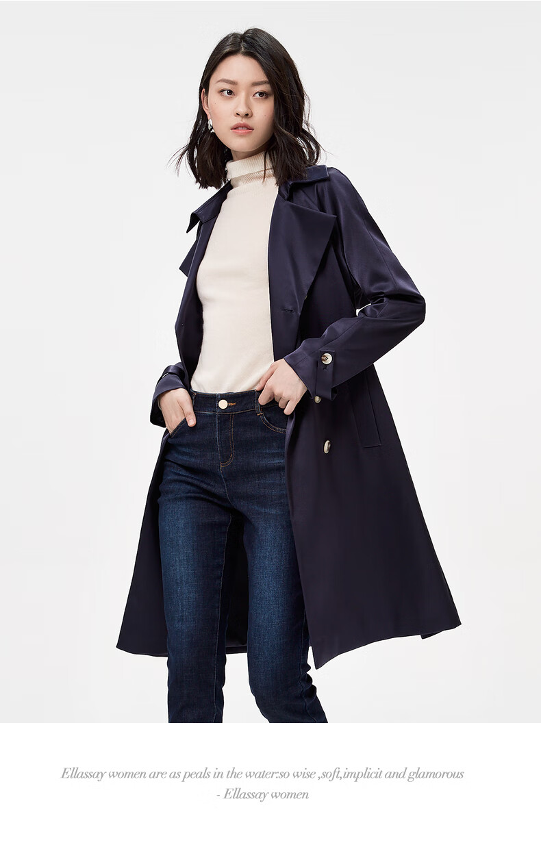 歌力思风衣女中长款2021秋季新款廓形双排扣收腰显瘦三醋酸面料外套女