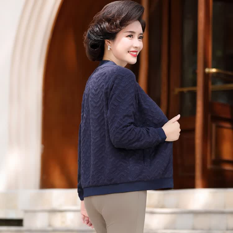 茜韵婡秋季2021中老年女装休闲棒球领夹克百搭提花妈妈装外套藏青色