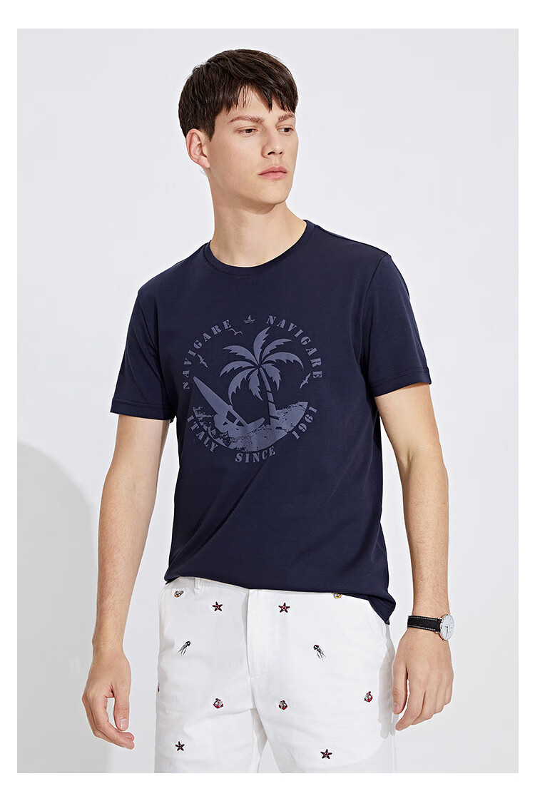 navigare 意大利小帆船 21春夏新品时尚休闲印花纯棉透气男士圆领短袖