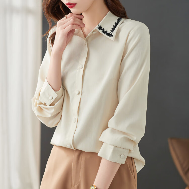 刺绣图案】春秋款时尚单排扣气质通勤复古百搭显瘦长袖衬衫 藕杏色 l