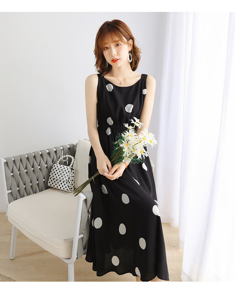 凡兔one-t 夏季女装复古大波点显瘦吊带裙长款女士连衣裙子 黑底白点