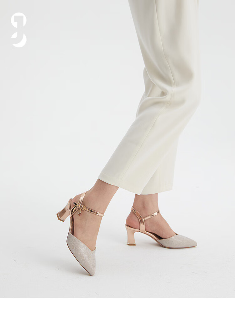 卓诗尼josiny 高跟鞋女2021夏季新款时尚百搭粗跟包头尖头一字带女士