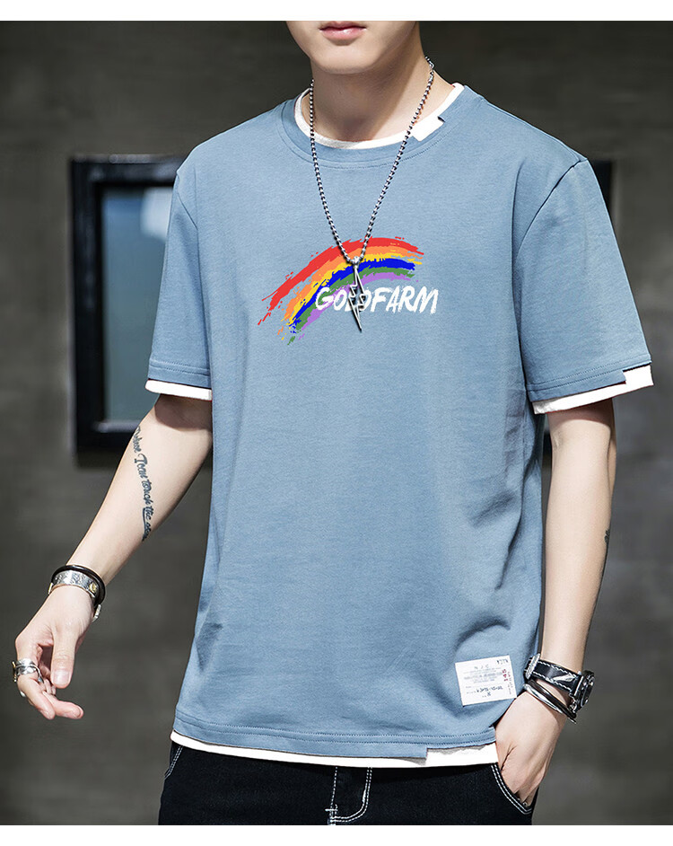 高梵春季纯棉男t恤青少年情侣假两件圆领男士短袖男式t恤男t恤深灰色m