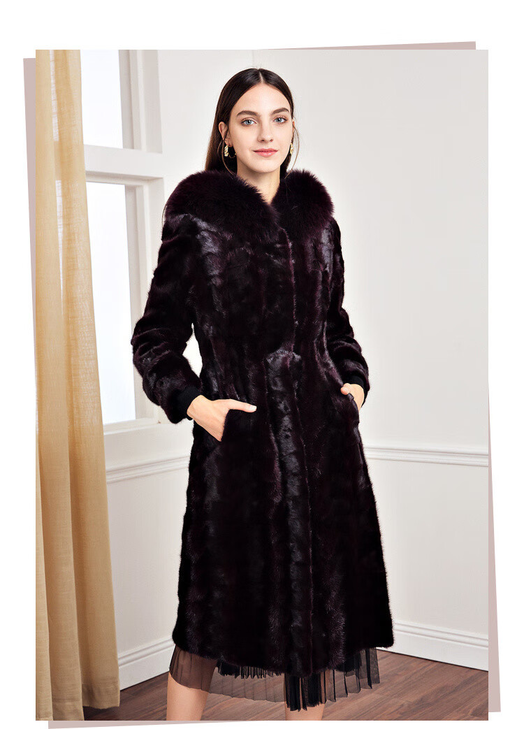 娜尔思naersi 冬装过膝长款连帽裘皮收腰显瘦保暖水貂皮草 暗红色 2xl