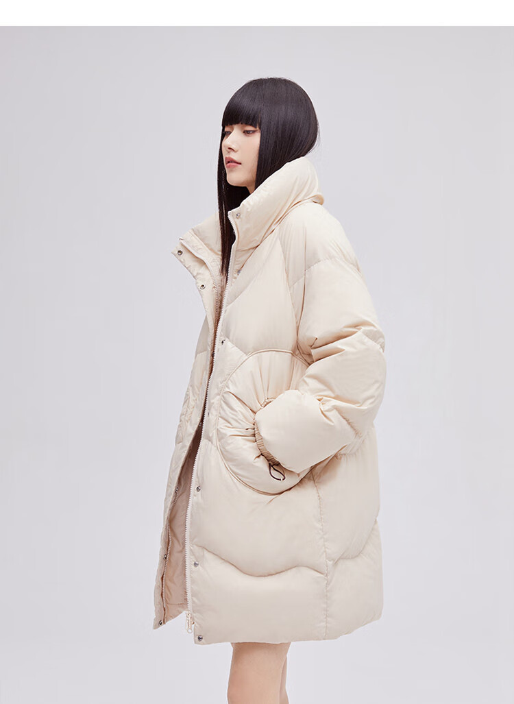 艾莱依eral 2021冬羽绒服女中长款设计感90白鸭绒立领圆形口袋羽绒
