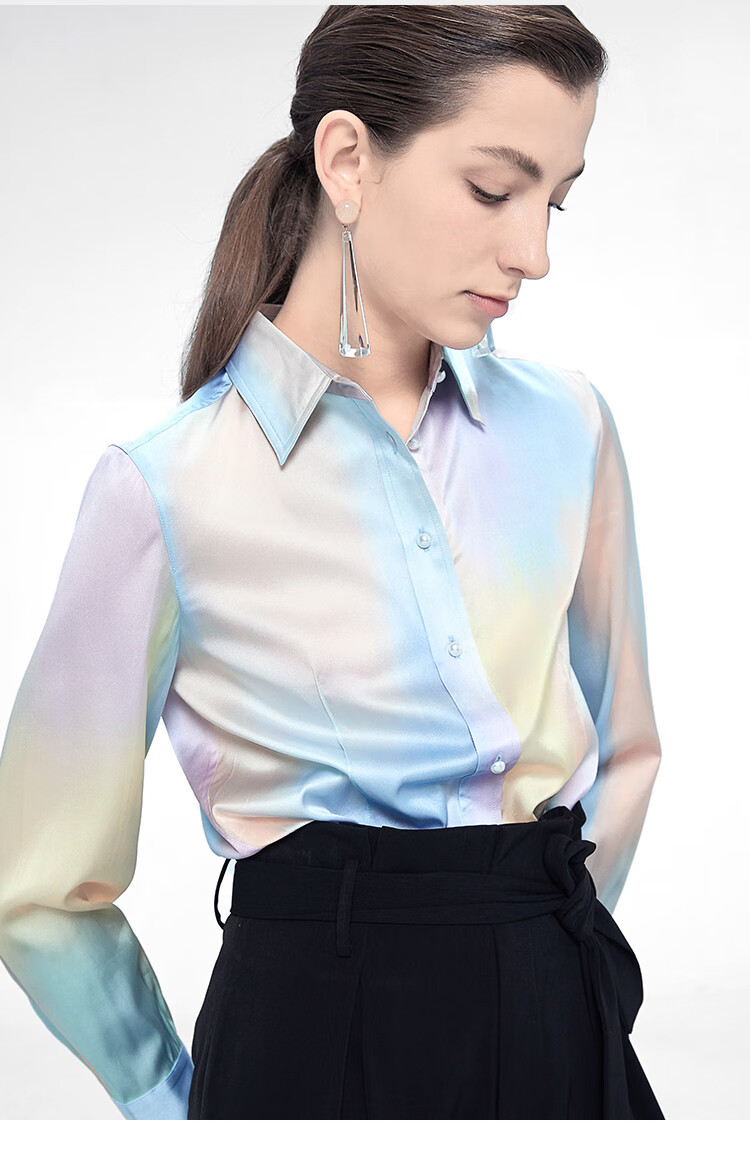 hr 赫莲娜女装时尚水彩印花女桑蚕丝衬衫女款衬衣女上衣 湖水蓝 s