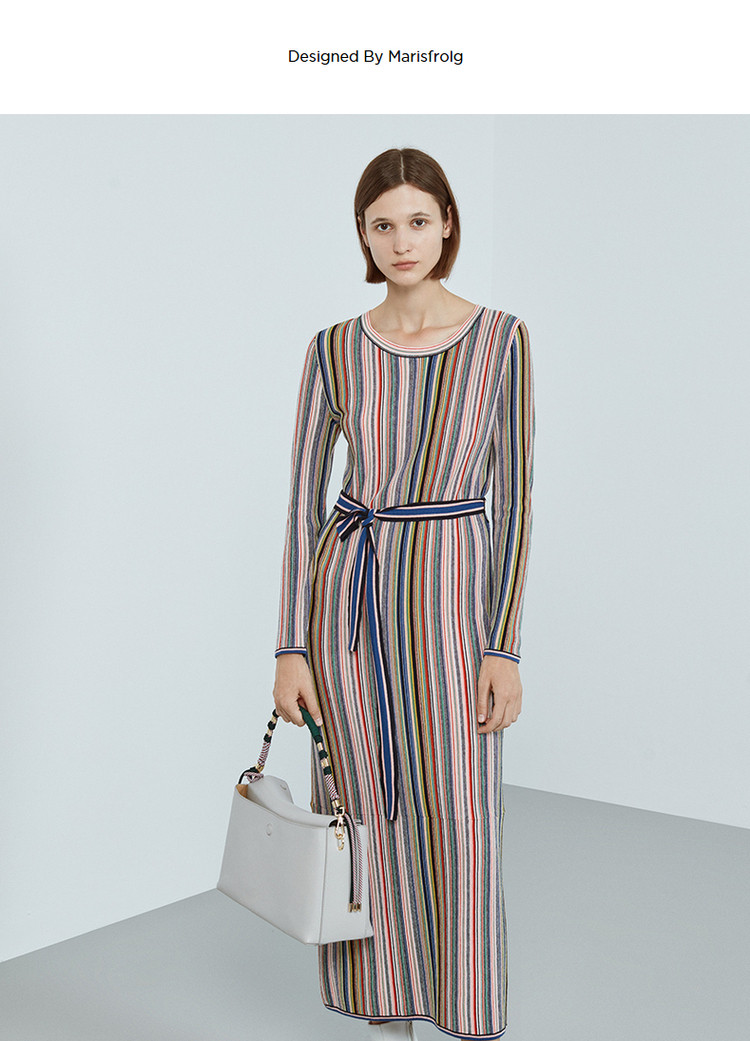 玛丝菲尔marisfrolg撞色条纹直身廓形长袖h型连衣裙女春秋裙子粉红s