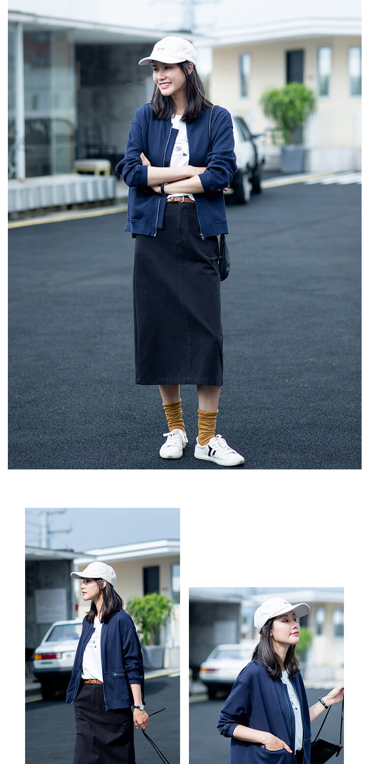 子陌zimo热卖新品百搭简约休闲长袖短款女式外套夹克风衣藏青色xl