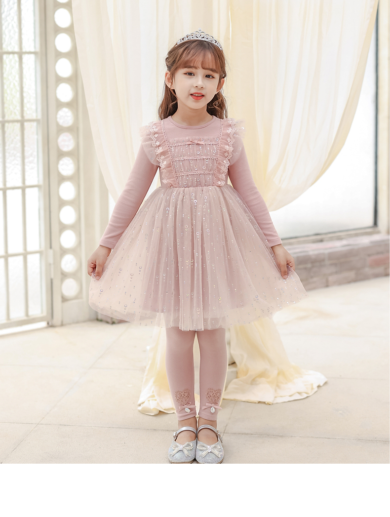 船鼠女童春秋连衣裙洋气长袖圆领粉色亮片纱裙小孩公主裙儿童裙子