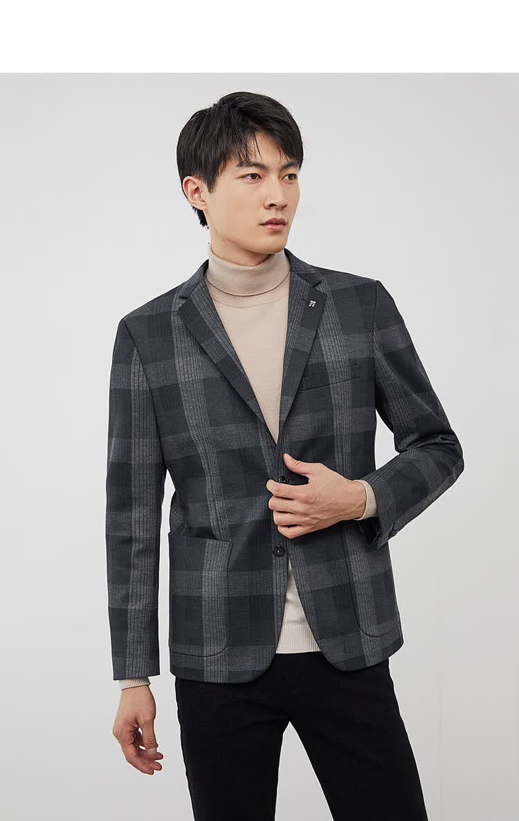 海澜之家hla质感面料男士绅士时尚格纹舒适tr休闲西服深灰格纹b350a