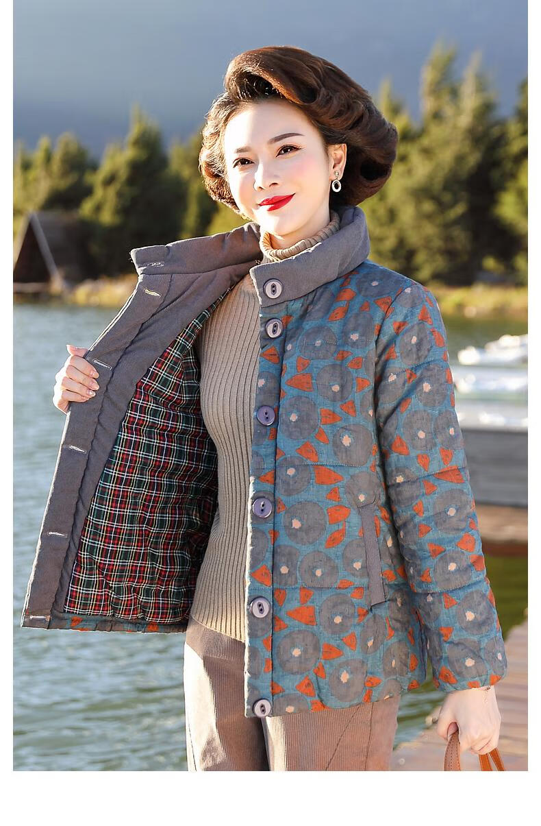 宝莲朵妈妈装冬装加厚短款棉服中年妇女碎花小棉袄中老年女装秋冬棉衣