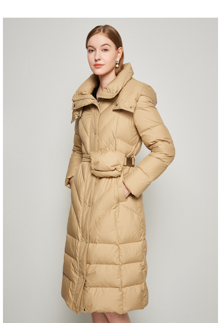 恩曼琳anmani21冬可拆卸帽收腰口袋拉链中长款女羽绒服卡其s
