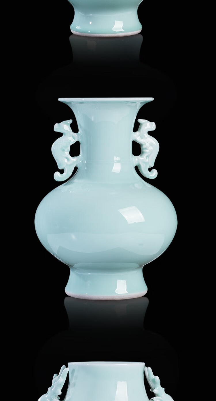 景秀缘景德镇陶瓷器双耳花瓶仿古豆青釉瓷瓶中式家居客厅装饰品摆件