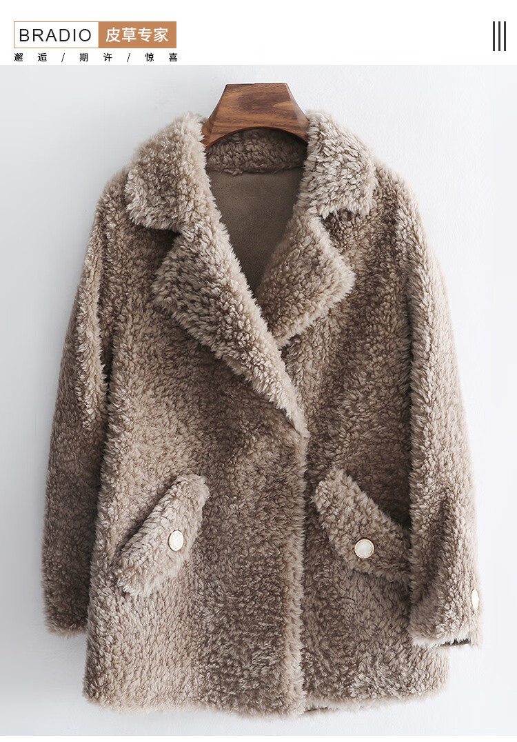bradio女士西装领插袋颗粒绒羊毛大衣皮草020蓝色s