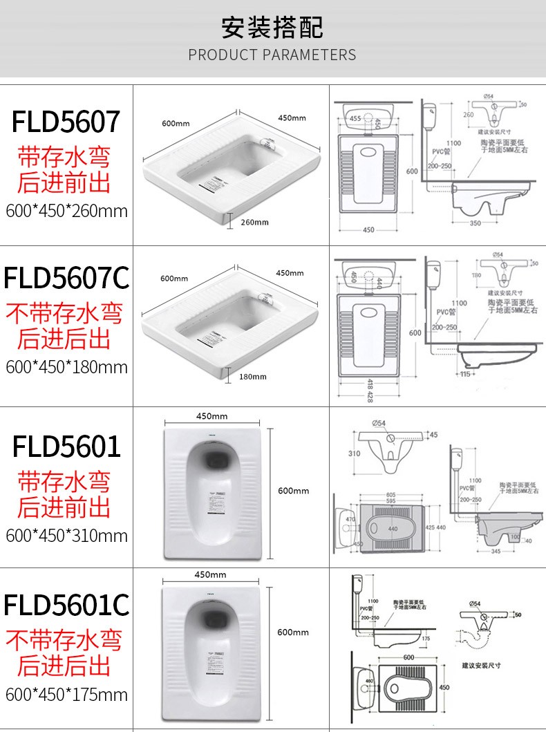 蹲便器家用便池厕所蹲便fld5601c不带存水弯后进后出高度175含水箱