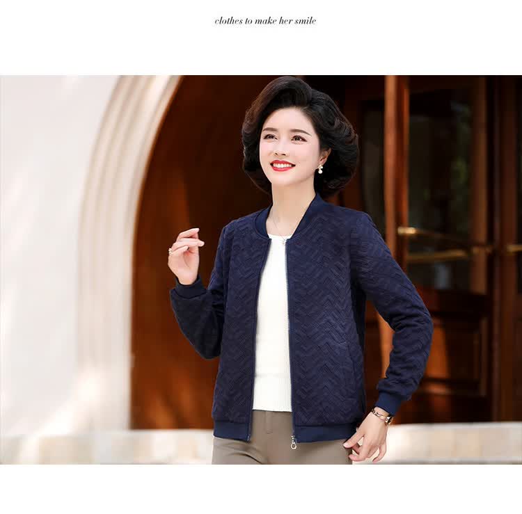 茜韵婡秋季2021中老年女装休闲棒球领夹克百搭提花妈妈装外套藏青色