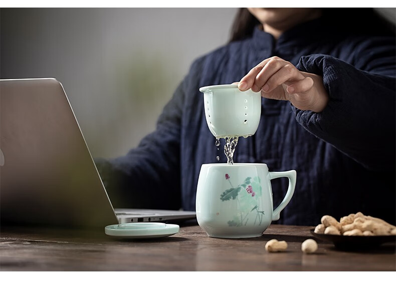 逸品春秋 影青瓷茶杯过滤带盖 陶瓷泡茶杯子 办公室大容量水杯马克杯