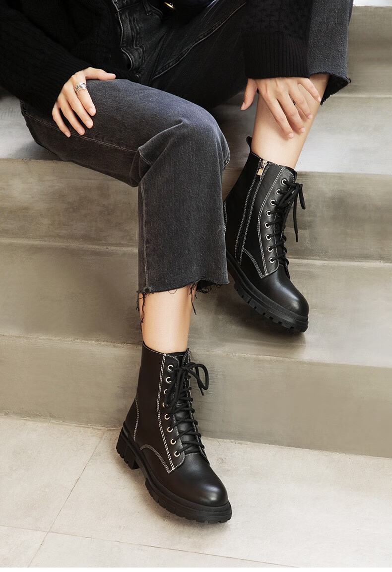 bata八孔马丁靴女冬季新款英伦风牛皮厚底粗跟短筒靴ape42dd1黑色35