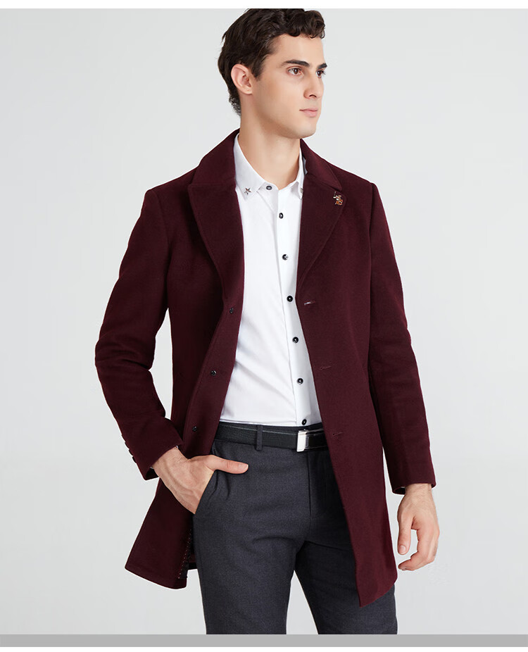 比华利保罗beverlyhillspoloclub羊毛混纺秋冬中长款男装外套新枣红46